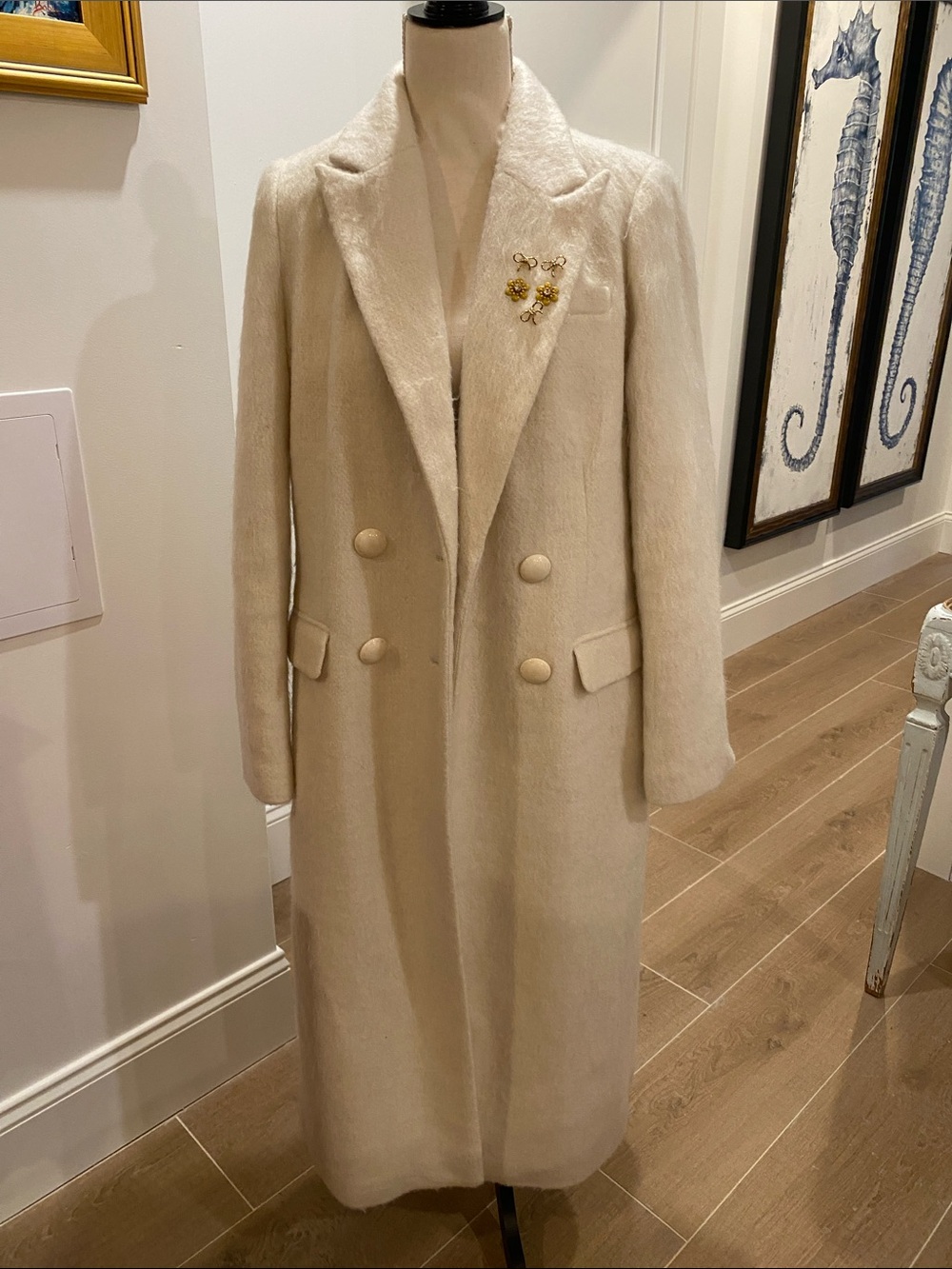 LoveShackFancy Cream Double-Breasted Long Trench Coat